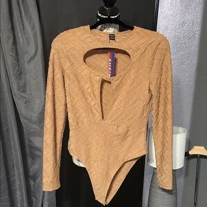 Camel Textured Long-Sleeve Bodysuit with Keyhole Cutout